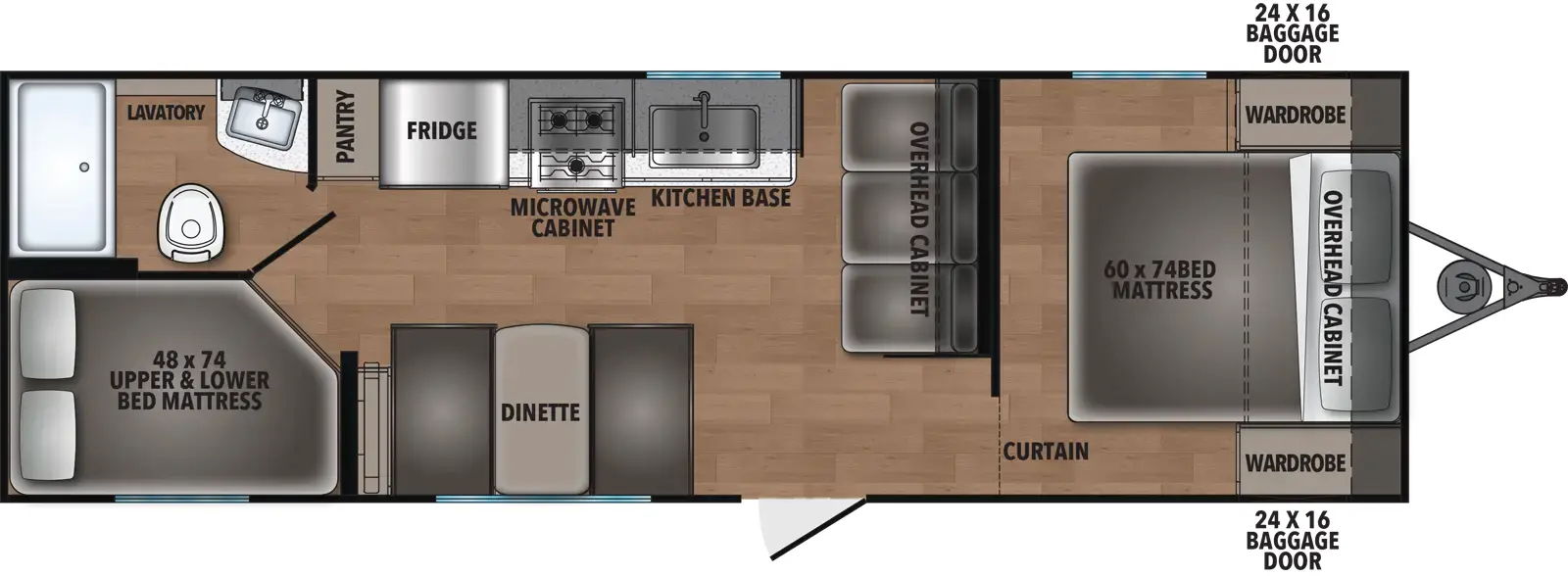 The Northern Spirit DLX & Compact 5260BH floorplan has one entry and zero slide outs. Exterior features include: metal exterior. Interiors features include: bunk beds and front bedroom.